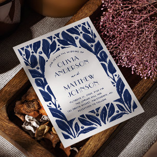 Elegant modern arch. Navy blue floral wedding Invitation