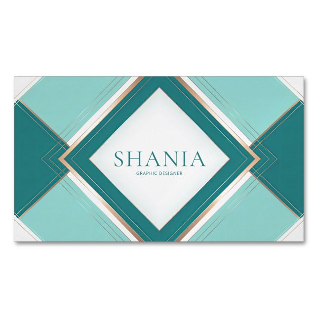 Elegant Modern Art Deco Geometric Teal Gold Magnetic Business Card (Front)