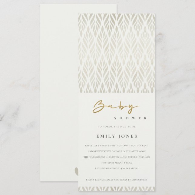 ELEGANT MODERN ART DECO WHITE SILVER BABY SHOWER INVITATION (Front/Back)