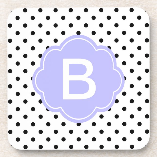 Elegant, modern B&W polka dot monogram Coaster (Front)