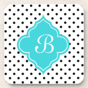 Elegant, modern B&W polka dots monogram Coaster