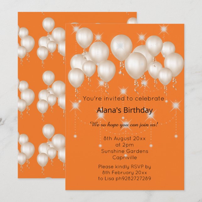 ELEGANT MODERN BALLOON BRIGHT ORANGE BIRTHDAY INVITATION (Front/Back)