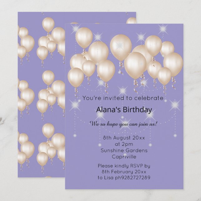 ELEGANT MODERN BALLOON LILAC PURPLE BIRTHDAY INVITATION (Front/Back)