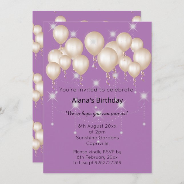 ELEGANT MODERN BALLOON PURPLE  BIRTHDAY INVITATION (Front/Back)