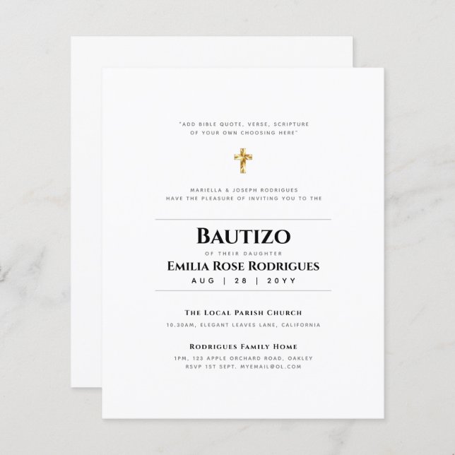 Elegant Modern BAUTIZO Bautismo Baptism -ADD VERSE (Front/Back)