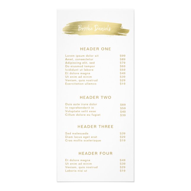 Elegant Modern Beauty Salon Gold Price List Rack Card (Front)