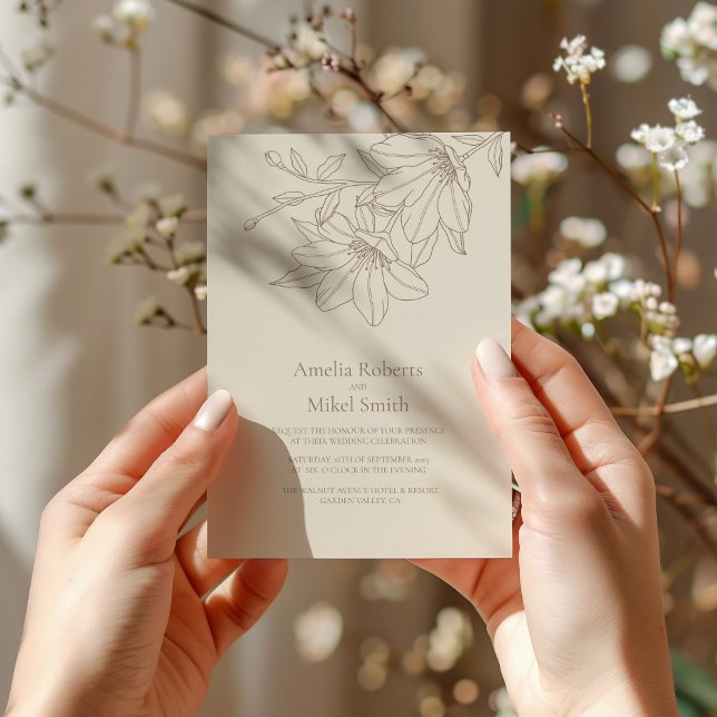 Elegant Modern Beige Lineart Floral Wedding Invitation (Creator Uploaded)