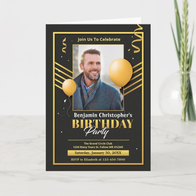  Elegant Modern Birthday Black Gold Party Custom Card (Front)