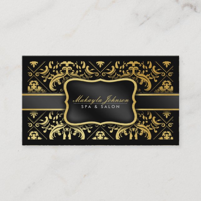 Elegant Modern Black and gold Damask Spa & Salon Business Card (Front)
