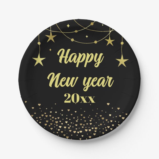 Elegant Modern Black and gold Happy New year  Paper Plate (Front)