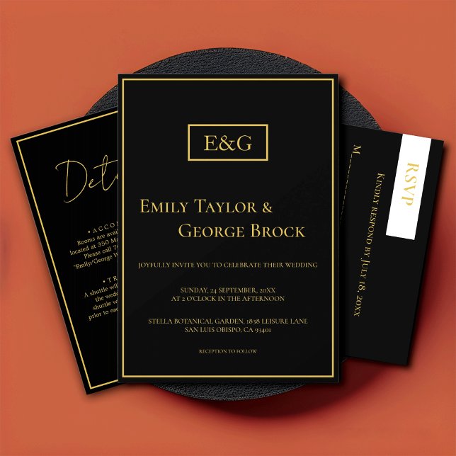 Elegant Modern Black And Gold Monogram Wedding Invitation (Creator Uploaded)