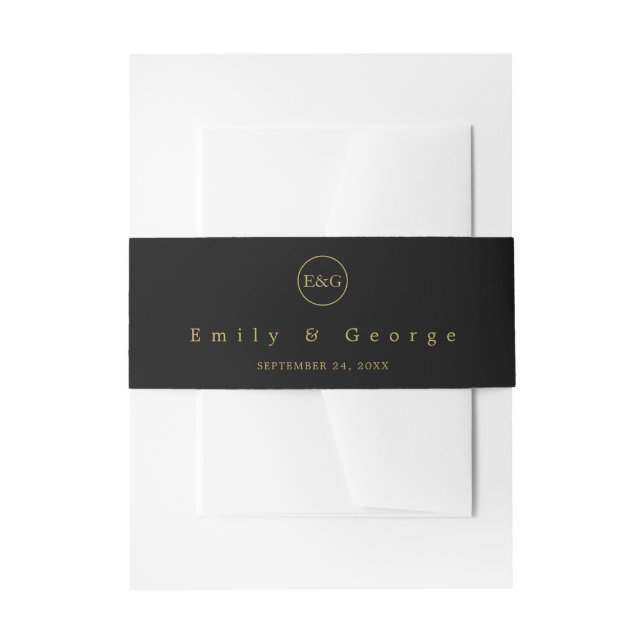 Elegant Modern Black And Gold Monogram Wedding Invitation Belly Band (Front Example)