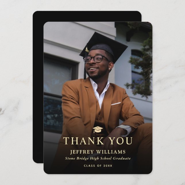 Elegant Modern Black and Gold Photo Graduation Thank You Card (Front/Back)