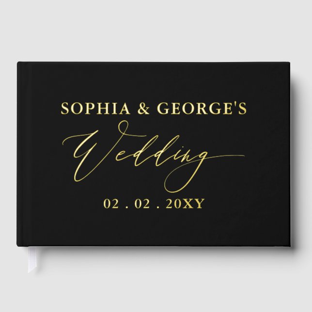 Elegant Modern Black and Gold Wedding Guest Book (Front)