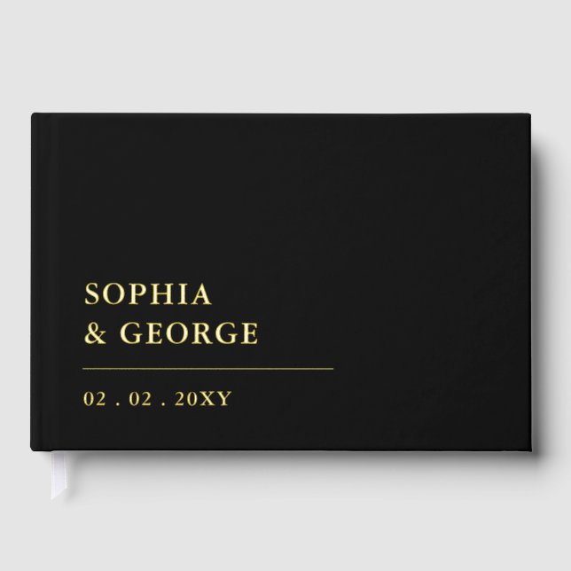 Elegant Modern Black and Gold Wedding Guest Book (Front)