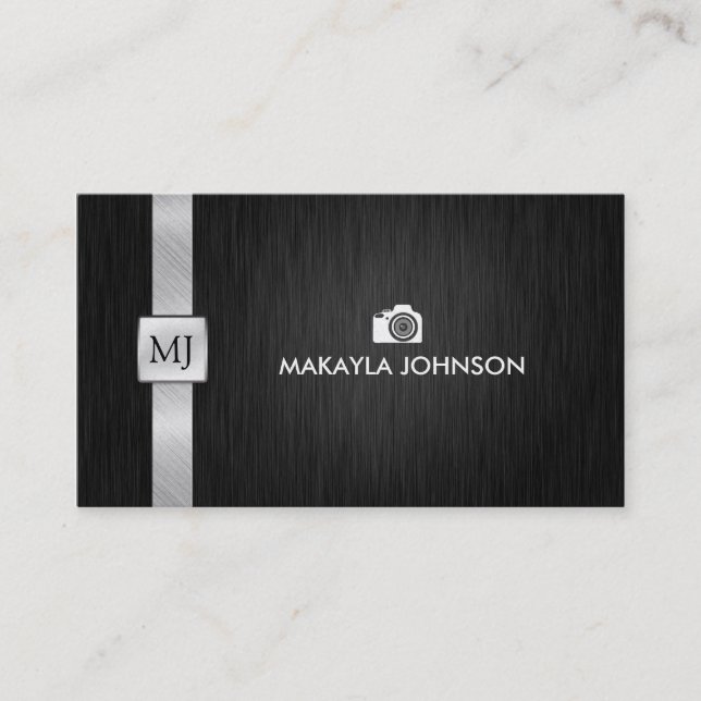 Elegant & Modern Black and Silver Photographer Business Card (Front)