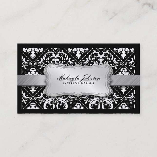 Elegant Modern Black and White Damask With Silver Business Card (Front)