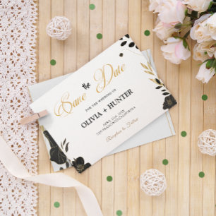 Elegant Modern Black and White, Gold Floral  Save The Date