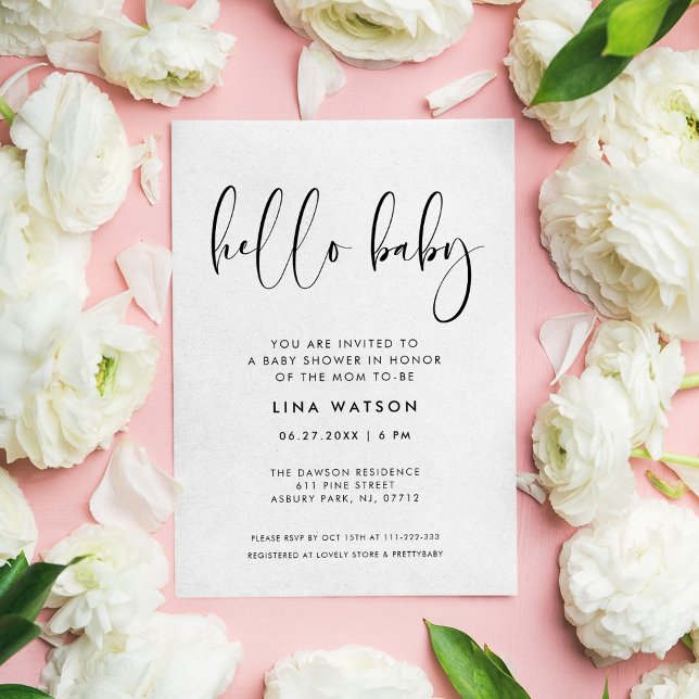 Elegant & Modern Black and White Hello Baby Invitation (Creator Uploaded)