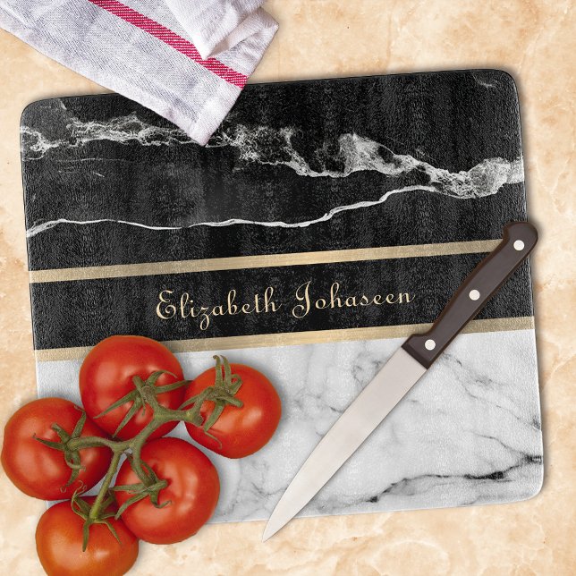 Elegant Modern Black and White Marble Gold Stripes Cutting Board (Creator Uploaded)