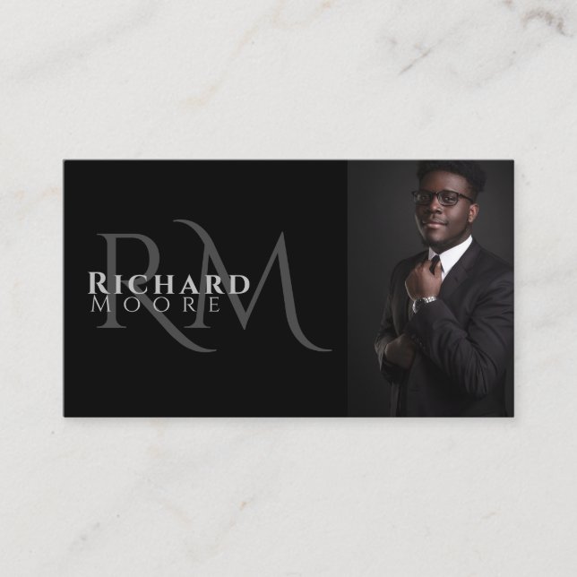 Elegant Modern Black and White Photo Monogrammed Business Card (Front)