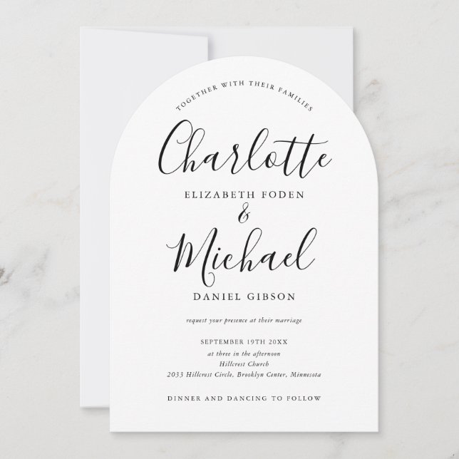 Elegant Modern Black And White Script Arch Wedding Invitation (Front)