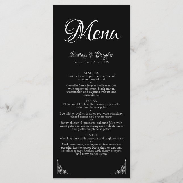 Elegant Modern Black and White Wedding Menu (Front)