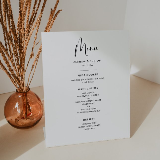 Elegant & modern black and white wedding menu pedestal sign (Creator Uploaded)