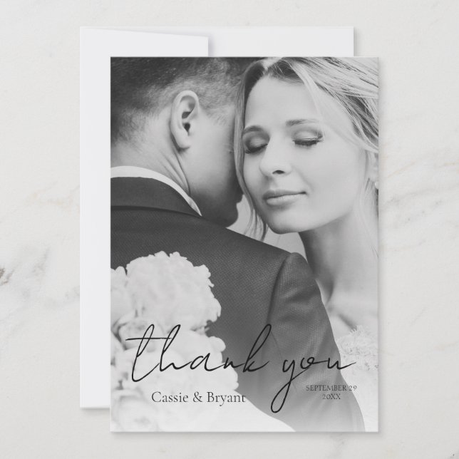 Elegant Modern Black and White Wedding Photo Thank You Card (Front)