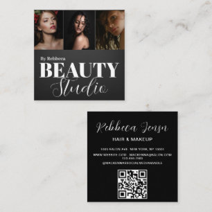 Elegant Modern Black Beauty Salon 3 Photo Square Business Card
