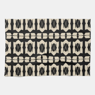 Elegant Modern Black & Beige Geometric Pattern Tea Towel