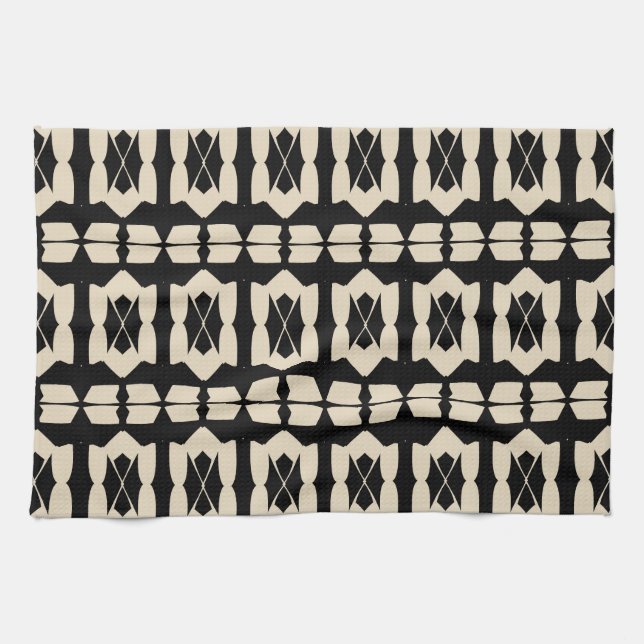 Elegant Modern Black & Beige Geometric Pattern Tea Towel (Horizontal)