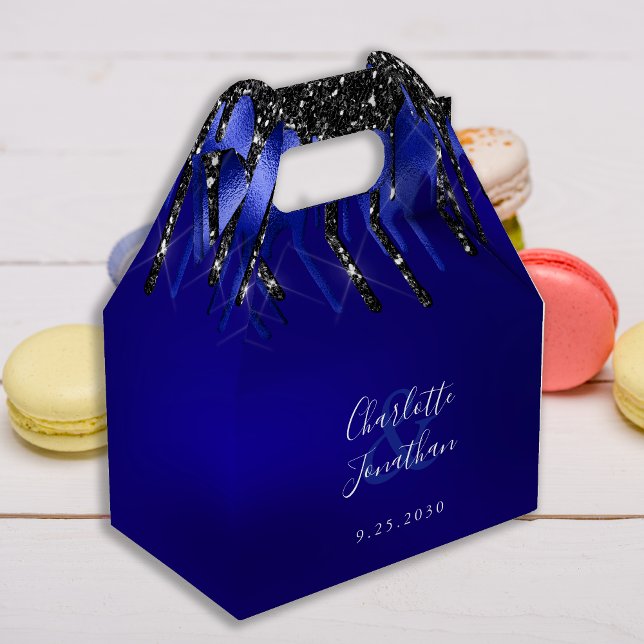 Elegant Modern Black Blue Glitter Drips Wedding Favour Box (Creator Uploaded)