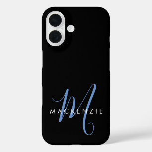 Elegant Modern Black Blue Script Monogram iPhone 16 Case