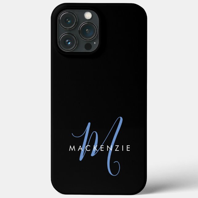 Elegant Modern Black Blue Script Monogram Case-Mate iPhone Case (Back)