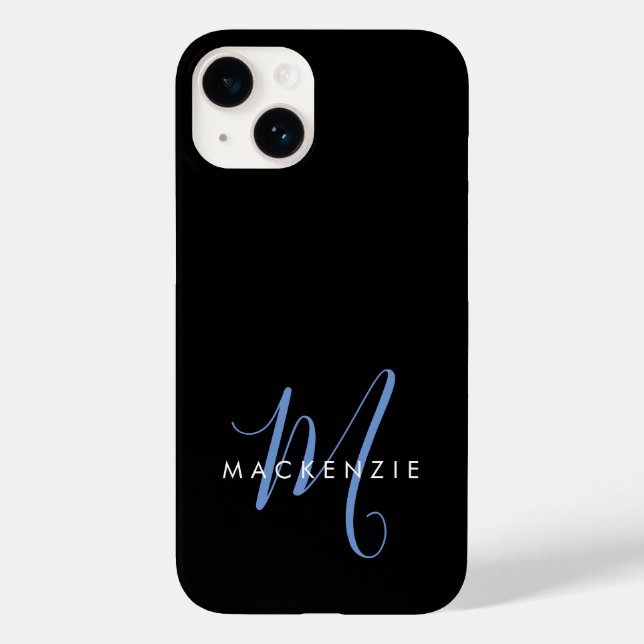 Elegant Modern Black Blue Script Monogram Case-Mate iPhone Case (Back)