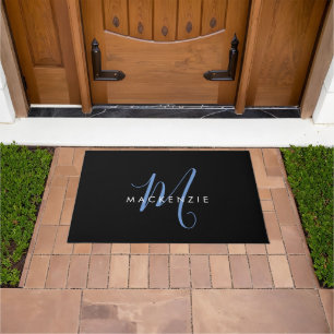 Elegant Modern Black Blue Script Monogram Doormat