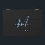 Elegant Modern Black Blue Script Monogram iPad Mini Cover<br><div class="desc">Elegant Modern Black Blue Script Monogram iPad Mini Cover.  An elegant blue script monogram combined with a clean white san-serif font makes for a contemporary look.</div>