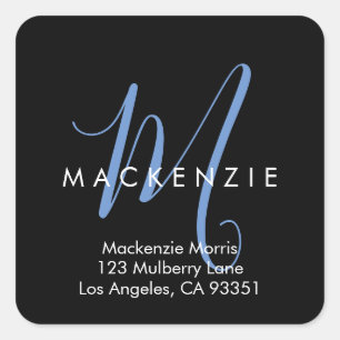 Elegant Modern Black Blue Script Monogram Square Sticker