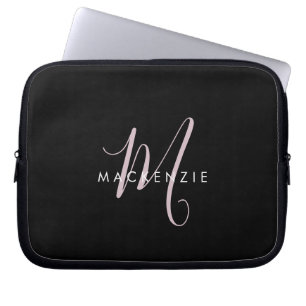 Elegant Modern Black Blush Pink Script Monogram Laptop Sleeve