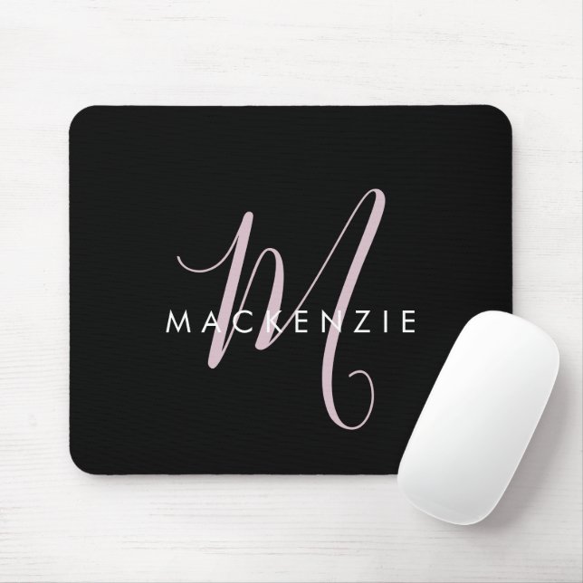 Elegant Modern Black Blush Pink Script Monogram Mouse Pad (With Mouse)