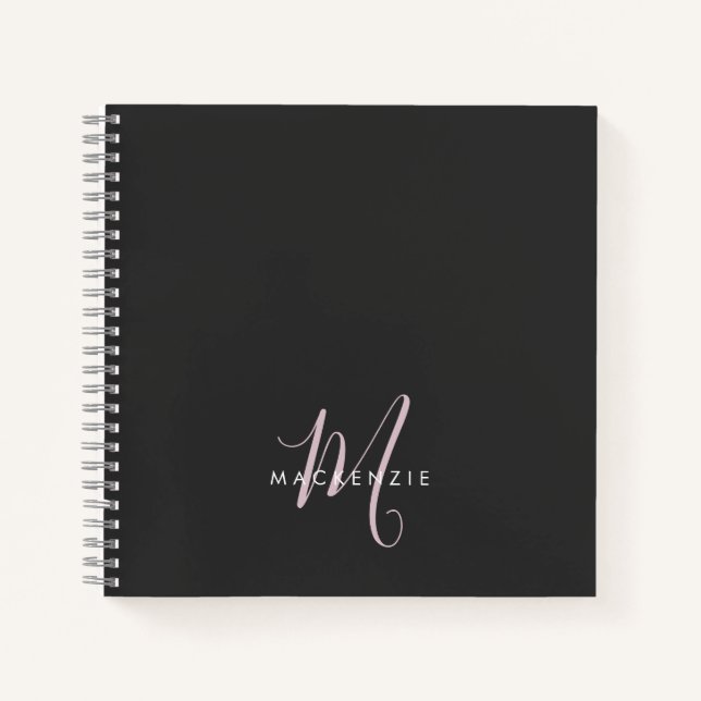 Elegant Modern Black Blush Pink Script Monogram Notebook (Front)