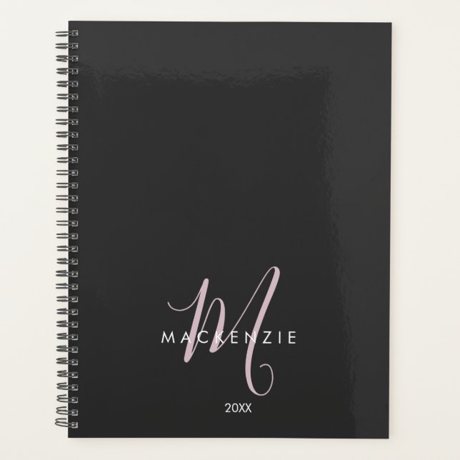 Elegant Modern Black Blush Pink Script Monogram Planner (Front)
