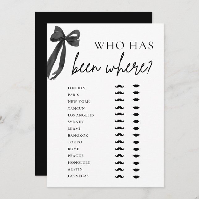 Elegant Modern Black Bow Who Has Been Where Game  Invitation (Front/Back)