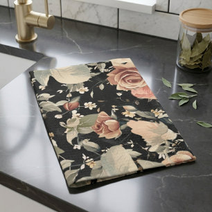 Elegant Modern Black Floral Pattern Tea Towel