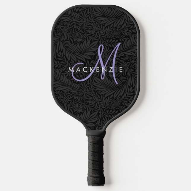 Elegant Modern Black Floral Purple Script Monogram Pickleball Paddle (Front)