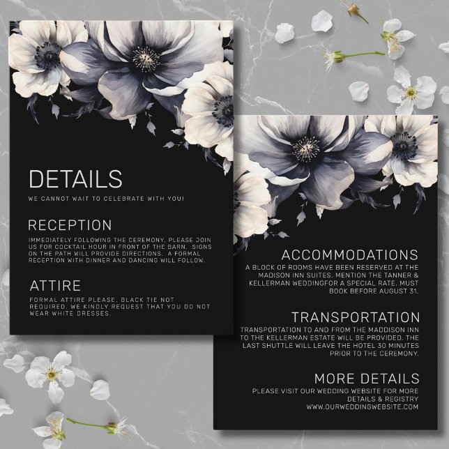Elegant Modern Black Floral Wedding Details Enclosure Card (Elegant Modern Black Floral Wedding Details Enclosure Card)