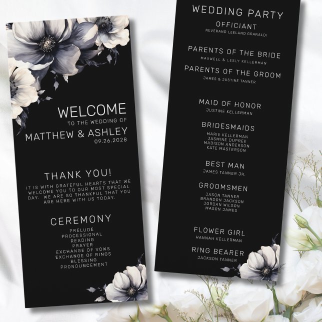 Elegant Modern Black Floral Wedding Program (Elegant Modern Floral White Black Wedding Program)