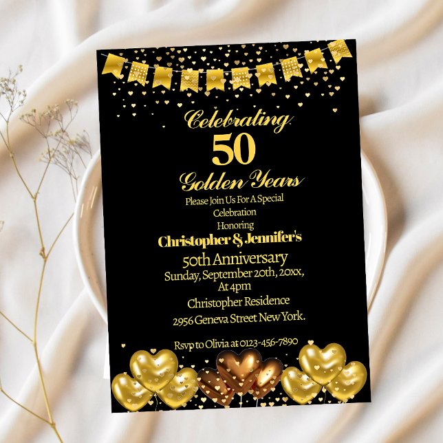 Elegant Modern Black&Gold 50th Wedding Anniversary Invitation (Creator Uploaded)