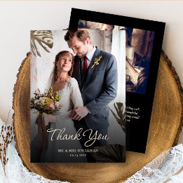 Elegant Modern Black Gold Botanical Wedding Photo Thank You Card